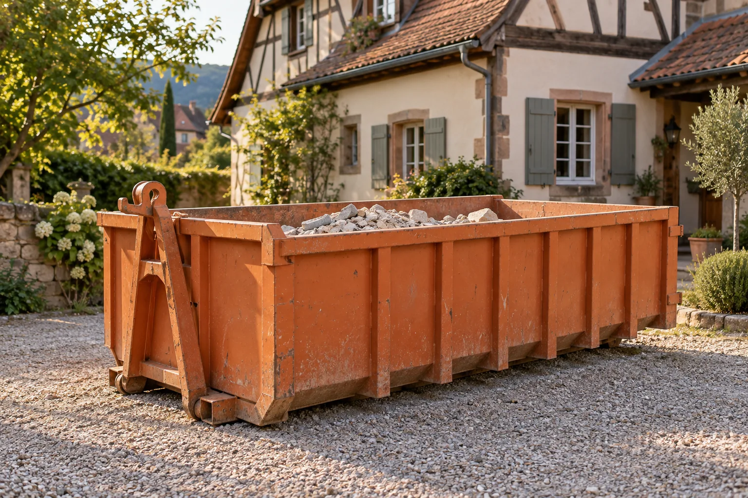 Illustration d’une benne orange sur un chantier de rénovation